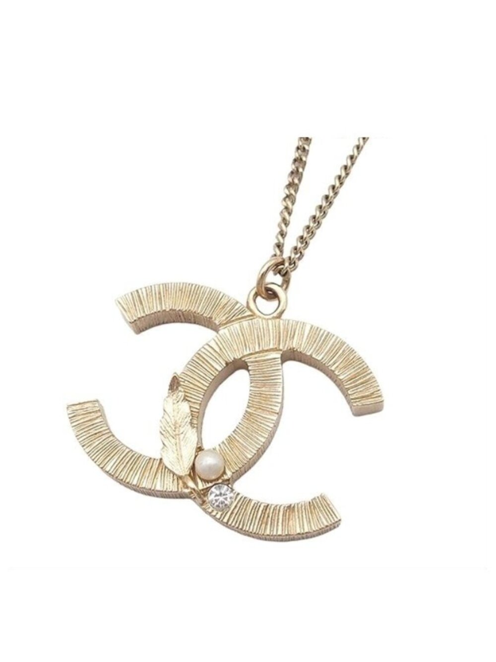 Chanel Necklace CC Logo Leaf Gold Metal Costume Pearl Rhinestone